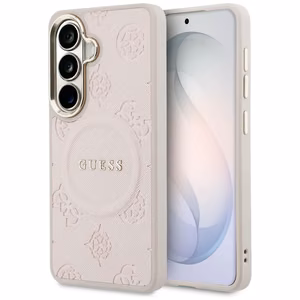Guess Saffiano Peony Embossed Ring MagSafe case for Samsung Galaxy S26 Plus pink