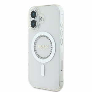 Guess IML Rhinestones magnetinis dėklas telefonui iPhone 16 Plus - baltas