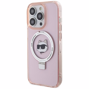 Karl Lagerfeld KLHMP15LHMRSCHP iPhone 15 Pro 6.1" rožinis/rožinis kietas dėklas su žiediniu stovu Choupette Galva Magnetinis