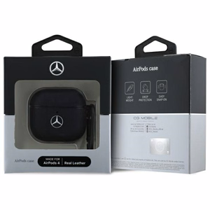 Mercedes MEA4CSLBK AirPods 4 odinis dėklas su metaliniu logotipu, juodas
