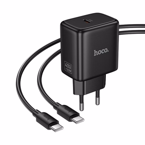Telefono GaN įkroviklis Hoco USB C PD AVS 40W max 60W su USB C į USB C laidu N83 juodas