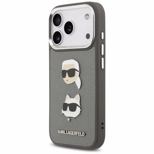 Karl Lagerfeld FW Grained Karl & Choupette Heads Pins & Logo dėklas telefonui iPhone 17 Pro - pilkas