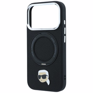 Juodas MagSafe dėklas Karl Lagerfeld su 360° žiediniu stovu ir Karlo galvos emblema, skirtas iPhone 18 Pro Max / 17 Pro Max