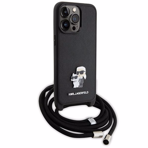 Karl Lagerfeld kryžminis Saffiano metalinis ženkliukas Karl & Choupette dėklas telefonui iPhone 15 Pro Max - juodas