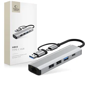 "Tech-Protect" HB03 HUB adapteris 5in1 USB-C + USB2.0 + USB3.0 + RJ45 - pilkas