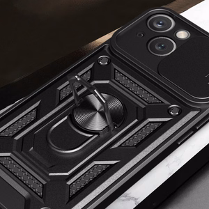Hybrid Armor Camshield dėklas su stovu ir kameros dangteliu iPhone 15 Plus telefonui - juodas