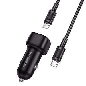 Juodas automobilinis įkroviklis „Borofone BZ34B Cloud“ USB-A + USB-C, QC 3.0, PD, 38 W, su USB-C–USB-C laidu
