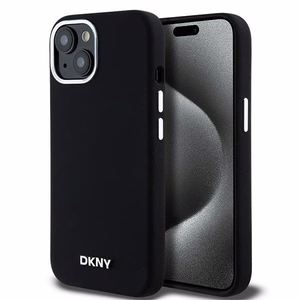 DKNY Skystas silikoninis dėklas MagSafe iPhone 15 Plus / 14 Plus su metaliniu logotipu - juodas (m)