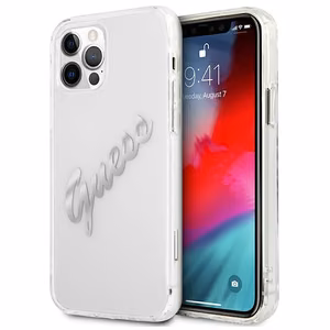 Guess GUHCP12MKTRSVSI iPhone 12/12 Pro 6.1" Skaidrus kietas dėklas Vintage Script Sidabrinis