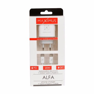 Sieninis įkroviklis MX ALFA 20W PD+QC, USB-A+C + C/C laidas 20W PD, baltas