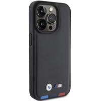 BMW BMHCP15L22PTDK dėklas telefonui iPhone 15 Pro 6.1" juodas/juodas odinis su trispalve emblema