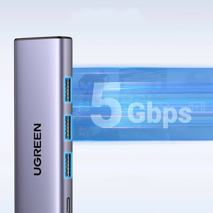Ugreen CM511 15597 5in1 šakotuvas USB-C - USB-C PD / HDMI / 3x USB-A 3.0 - pilkas