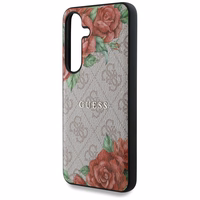 Guess odinis 4G gėlių rašto metalo klasikinis logotipas magnetinis dėklas telefonui Samsung Galaxy S25 - rožinis