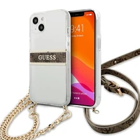 Guess GUHCP13SKC4GBGO iPhone 13 mini 5.4" skaidrus kietasis dėklas 4G rudos spalvos dirželiu ir auksine grandinėle