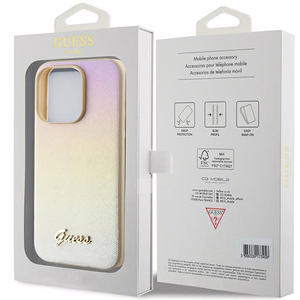 Guess Saffiano Iridescent Script dėklas telefonui iPhone 14 Pro Max - auksinis