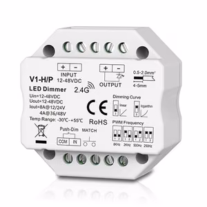 V1-H/P nuolatinės įtampos valdiklis, 12-48V, 1x 8A, Push-Dimm