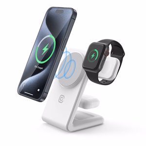 Crong MagSpot Pivot Stand 3 viename belaidis įkroviklis, skirtas iPhone, Apple Watch ir AirPods, suderinamas su MagSafe, baltas
