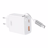 XO wall įkroviklis CE31 1x USB 1x USB-C 30W baltas with retractable USB-C laidas