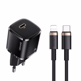 USAMS Tinklo įkroviklis 1XUSB-C T36 MINI 20W + Laidas USB-C-LIGHTNING juodas PD3.0 FAST CHARGING XFKXLOGTL01 (US-CC124+US-SJ484)