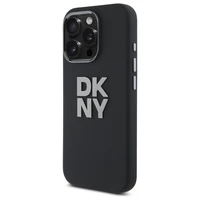 DKNY skystos silikoninės medžiagos dėklas telefonui su metaliniu logotipu iPhone 16 Pro Max - juodas