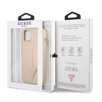Guess GUHCP13SPSATLE iPhone 13 mini 5.4 dėklas telefonui, smėlinis, kietas, Saffiano trikampio logotipu