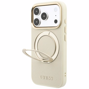 Guess Grained Classic Logo dėklas, skirtas iPhone 18 Pro / 17 Pro, su 360° žiedu-stovu, suderinamas su MagSafe – smėlio spalvos