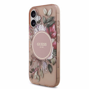 Dėklas Guess IML Flowers Strap MagSafe Apple iPhone 17 rožinis