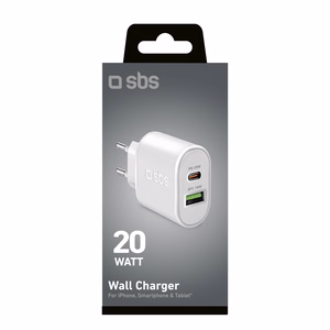 SBS TETRPD20W 20W USB-A USB-C sieninis įkroviklis su Power Delivery - baltas