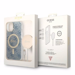 Rinkinys Guess GUBPP14MH4EACSB dėklas + įkroviklis iPhone 14 Plus 6.7" mėlynas/mėlynas kietas dėklas 4G Print Magnetinis