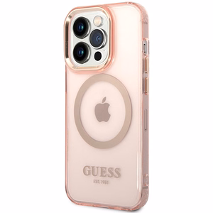 Guess GUHMP14XHTCMP iPhone 14 Pro Max 6.7" rožinis/rožinis kietas dėklas Auksinis Kontūras Permatomas Magnetinis