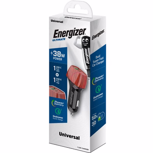 Energizer Ultimate D38WO automobilinis įkroviklis, USB-C + USB-A, 38 W PD + QC 3,0, riešutmedžio rašto
