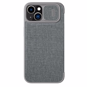 Nillkin Qin audinio dėklas iPhone 14 Plus su kameros dangteliu ir dėklu pilkas