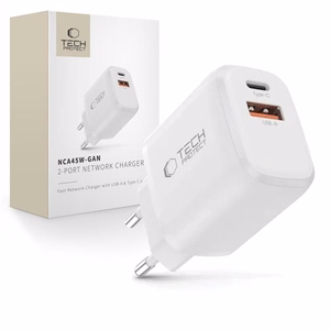 "Tech-Protect" NCA45W-GAN 2 prievadų USB-C / USB-A 45 W sieninis įkroviklis - baltas