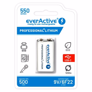 everActive 6F22/9V Li-ion 550 mAh įkraunama baterija su USB Type-C