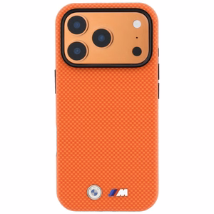 BMW M Quadrille Kevlar Metal Logo MagSafe dėklas, skirtas iPhone 17 Pro / 18 Pro – oranžinis