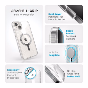 Speck GemShell Grip MagSafe dėklas, skirtas iPhone 15 Plus / 14 Plus, skaidrus su chromo spalvos akcentais
