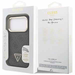 Guess 4G PU trikampio logotipo ir stovo kameros magnetinis dėklas telefonui iPhone 17 Pro - juodas