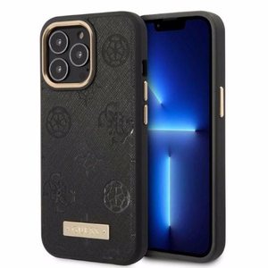 Guess GUHMP13LSAPSTK iPhone 13 Pro / 13 6.1" juodas/juodas kietas dėklas telefonui Peony Logo Plate Magnetinis MagSafe