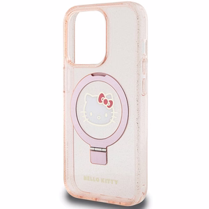 Hello Kitty žiedinis stovas blizgus Electrop Logo magnetinis dėklas telefonui iPhone 15 Pro - rožinis