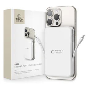 Tech-Protect LifeMag PB31 išorinė baterija su MagSafe 10000mAh 15W USB-C / USB-A / įmontuotu USB-C / Lightning kabeliais - balta