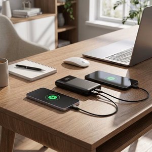 FORCELL F-ENERGY F10K6 Multicharge išorinė baterija su integruotais USB-C ir Lightning laidais, PD, QC3.0, 3 A, 22,5 W, 10000 mAh, juoda