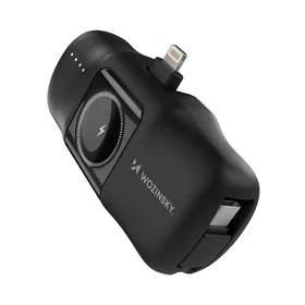 Wozinsky WF16-YLS 5000mAh 15W Lightning mini išorinė baterija su įmontuotu USB-C kabeliu ir Apple Watch įkrovikliu - juoda