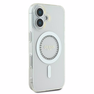 Guess IML Rhinestones magnetinis dėklas telefonui iPhone 16 Plus - baltas