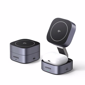 Ugreen W702 3in1 indukcinis įkroviklis su MagSafe / Qi2 ir USB-C telefonui / ausinėms juodas