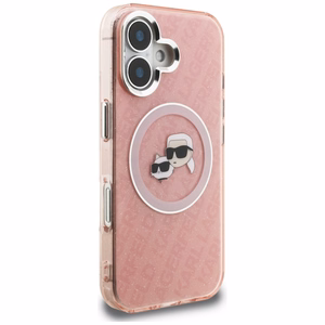 Karl Lagerfeld IML Glitter Karl & Choupette Heads Logo MagSafe dėklas iPhone 16 - rožinis