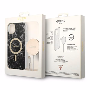 Rinkinys Guess GUBPP14SHMEACSK dėklas + įkroviklis iPhone 14 6.1" juodas/kietas dėklas Marmuras Magnetinis