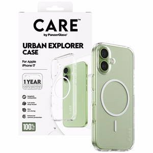 CARE by PanzerGlass Flagship Urban Explorer dėklas telefonui su baltu magnetiniu MagSafe, skirtas iPhone 17 – skaidrus