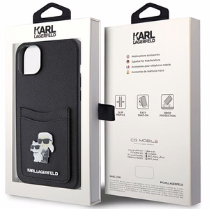 Karl Lagerfeld Saffiano Cardslot Karl&Choupette Metal Pin Dėklas telefonui iPhone 15 - juodas
