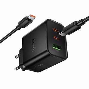 telefono įkroviklis Hoco 2x USB C + USB A QC3.0 PD 3A 65W + duomenų laidas USB C to USB C N75 juodas