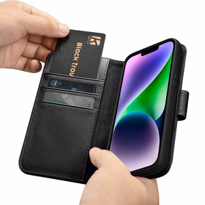 Чехол iCarer Wallet 2in1 для iPhone 14 Plus Anti-RFID кожаный с откидной крышкой чёрный